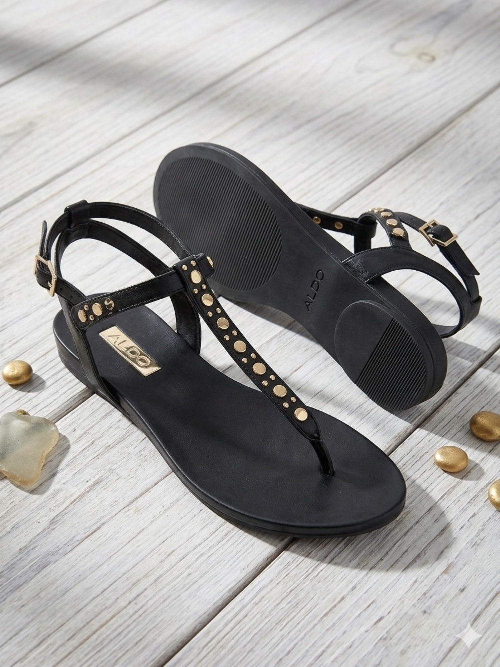 Aldo Black Gold Studded T-Strap Ankle Strap Sandals Gladiator Style
